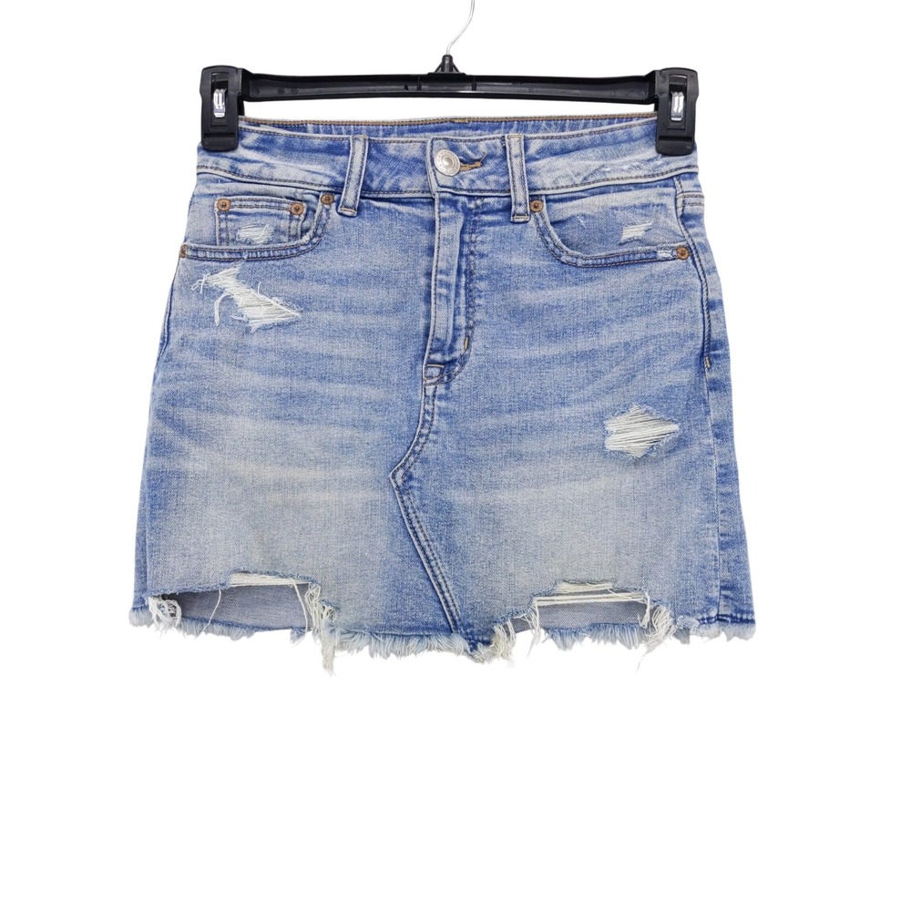 American Eagle Denim Mini Skirt Women 4 Blue Distressed Raw Hem High Waisted